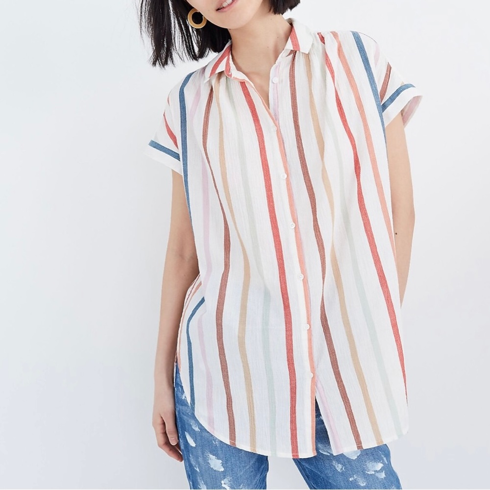 Madewell Gauze Central Tunic Shirt in Rainbow Stripe size XXS - Picture 2 of 14